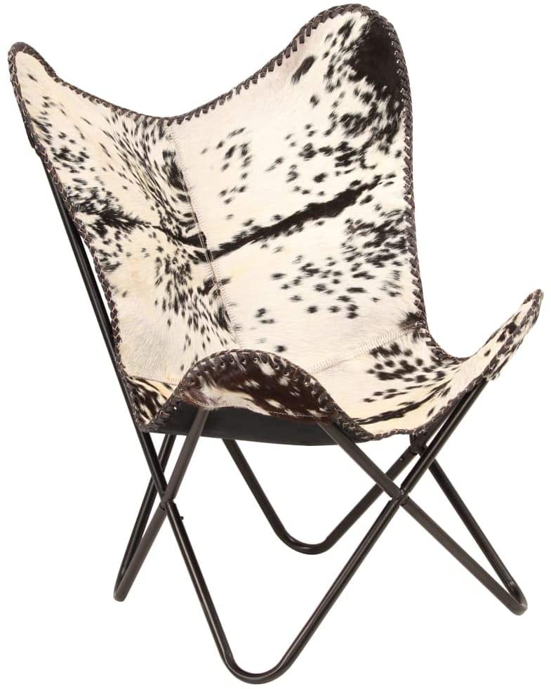 Home Decor Genuine Goat Leather Butterfly Arm Chair with Black/Brown White Hair on Cover (Black and White with Black Frame) - Hana Exports