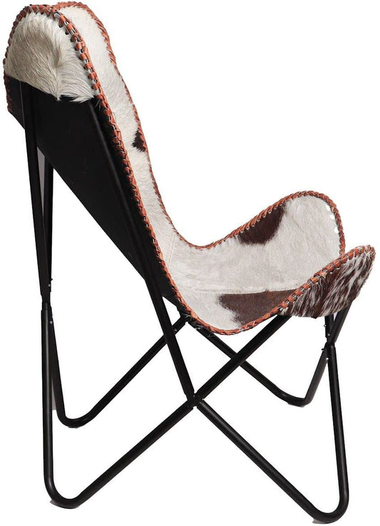 Handmade Leather Living Room Butterfly Chair | Lounge Chair | Comfortable Recliner | Hand Stitch for Relaxing with Powder Coated Folding Iron Frame | Vintage Arm Chair Home Décor (Brown & White) - Hana Exports
