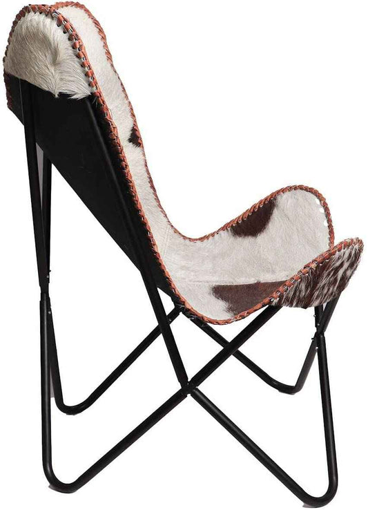 Handmade Leather Living Room Butterfly Chair | Lounge Chair | Comfortable Recliner | Hand Stitch for Relaxing with Powder Coated Folding Iron Frame | Vintage Arm Chair Home Décor (Brown & White)