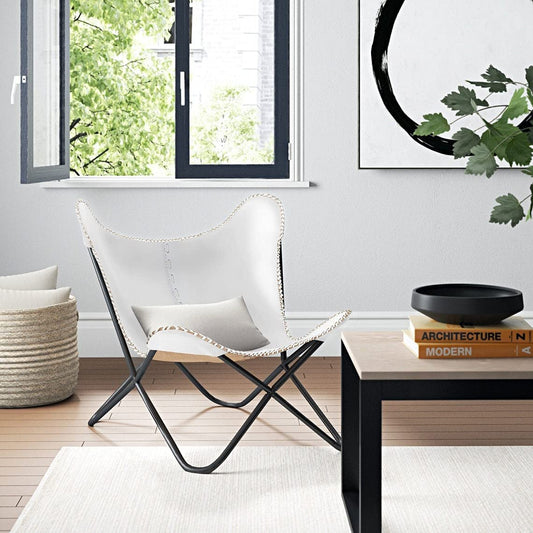 Leather Butterfly Chair Vintage Leather Lounge Relax Arm Chair Handmade Genuine Leather Butterfly Chair White Leather Cover (with Fold-able Stand) - Hana Exports