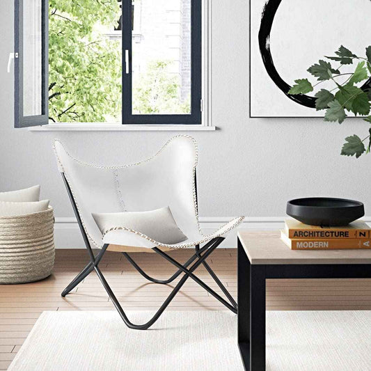 Leather Butterfly Chair Vintage Leather Lounge Relax Arm Chair Handmade Genuine Leather Butterfly Chair White Leather Cover (with Fold-able Stand)