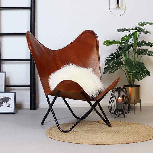 Brown Vintage Leather Arm Butterfly Chair | Genuine Tan Leather Butterfly Chair Home Décor | Handmade Chair (with Fold-able Stand) | Butterfly Chair-Handmade with Powder Coated Folding Iron Frame - Hana Exports