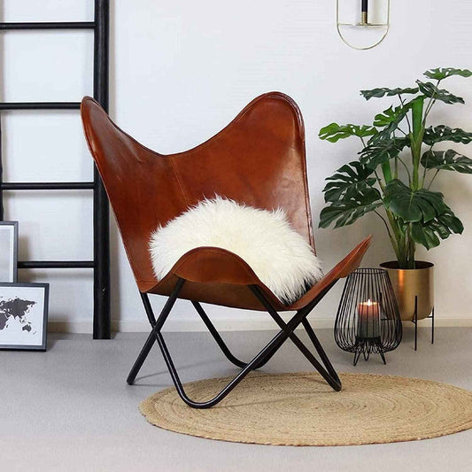 Brown Vintage Leather Arm Butterfly Chair | Genuine Tan Leather Butterfly Chair Home Décor | Handmade Chair (with Fold-able Stand) | Butterfly Chair-Handmade with Powder Coated Folding Iron Frame