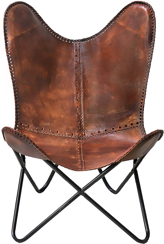 Classy Handmade Dark Brown Leather Butterfly Chair Living Room- Side Hand Stich Leather Chair-Handmade with Powder Coated Folding Black Iron Frame (Cover with Folding Frame) - Hana Exports