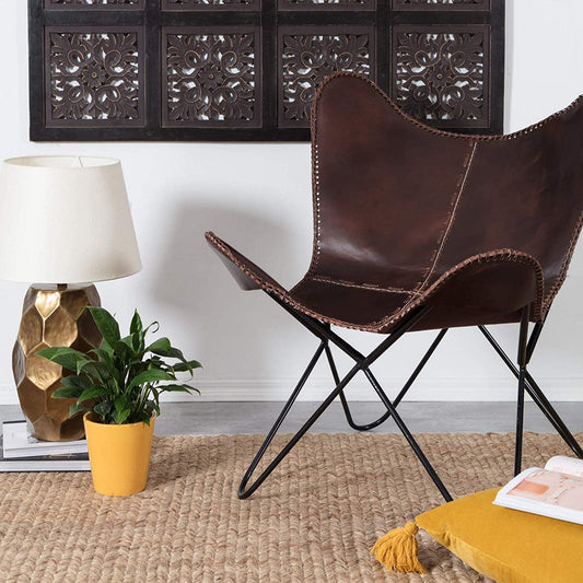 Leather Butterfly Chair - Genuine Leather I Handmade, Accent Arm Chair Iron Frame I Lounge Chair I Comfortable Recliner I Hand-Stitching Industrial Effect - Hana Exports
