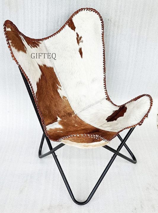 Handmade Leather Living Room Butterfly Chair Tan Side Hand Stitch Leather Butterfly Chair for Relaxing with Powder Coated Folding Iron Frame Vintage Arm Chair Home Décor (Hairon White & Brown) - Hana Exports