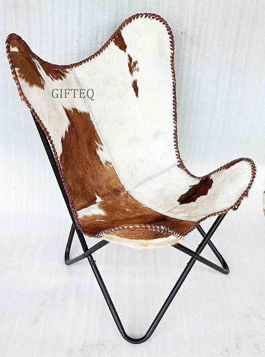 Handmade Leather Living Room Butterfly Chair Tan Side Hand Stitch Leather Butterfly Chair for Relaxing with Powder Coated Folding Iron Frame Vintage Arm Chair Home Décor (Hairon White & Brown)