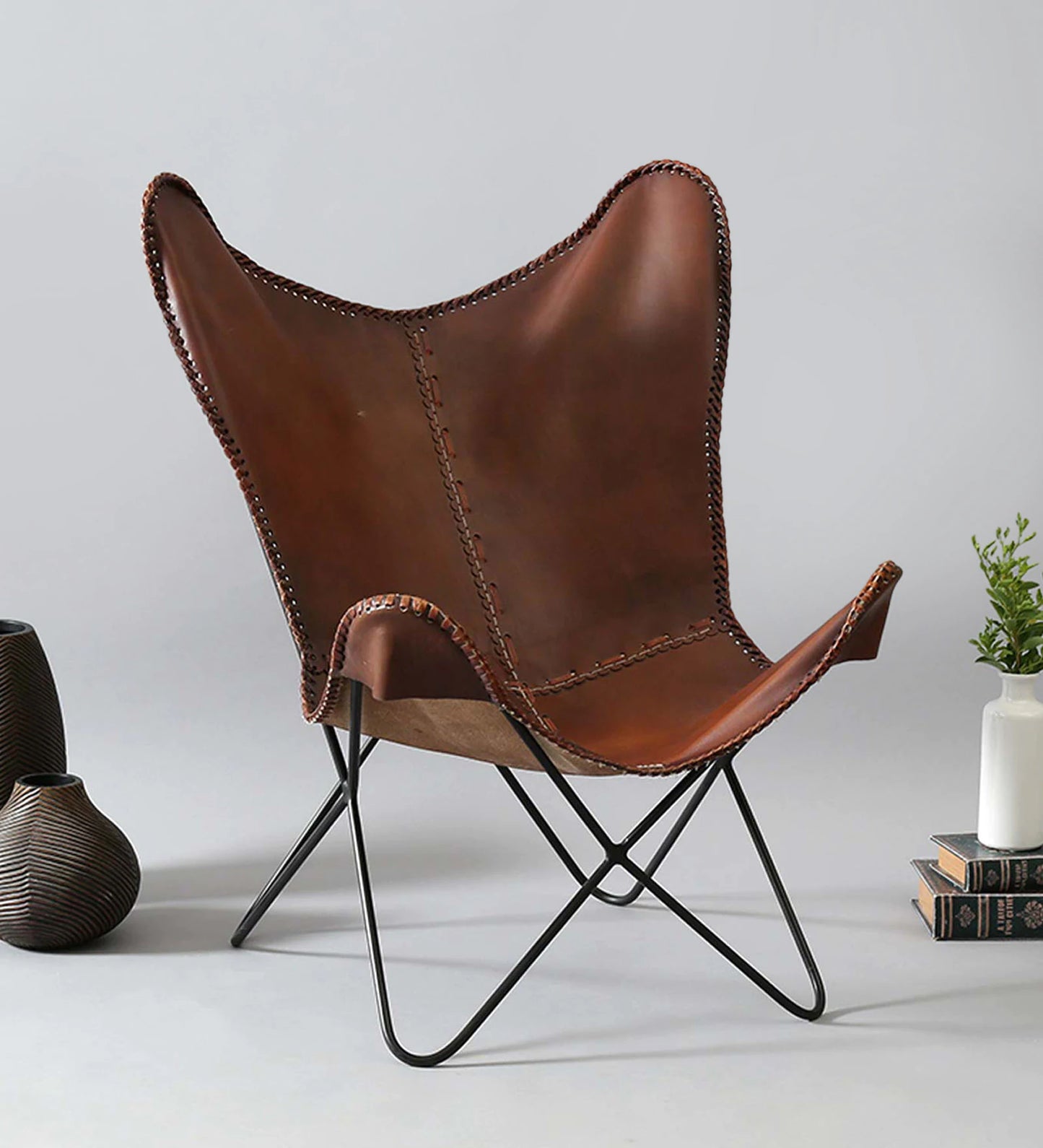 living room leather butterfly chair Leather Full Back Lounge Chair In Natural Finish - Hana Exports