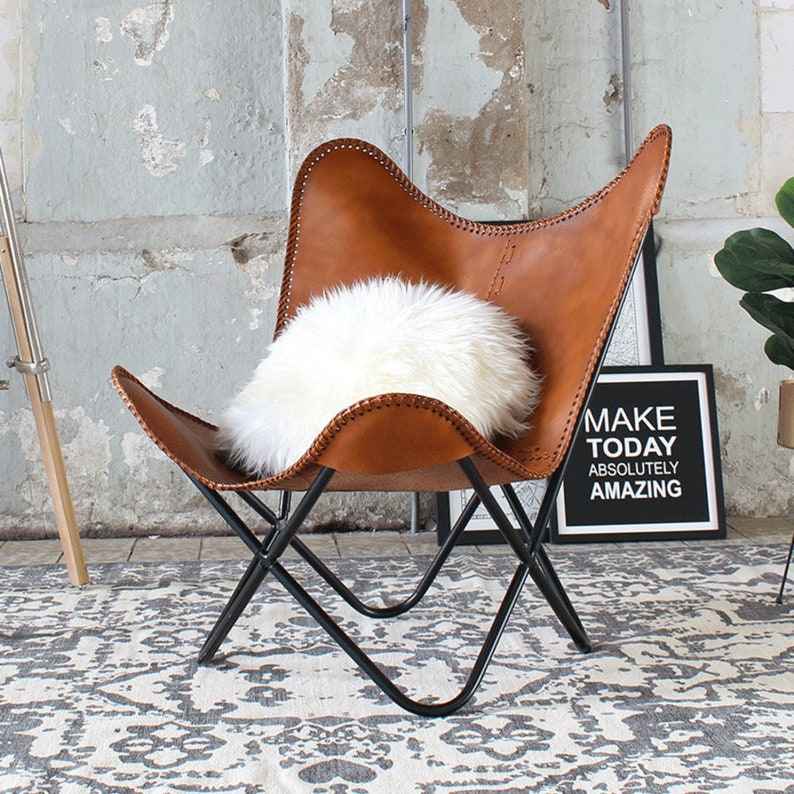 Leather Living Room Chairs Cover Butterfly Chair Replacement Brown Cover Handmade Genuine Leather Cover, Leather chair cover and stand