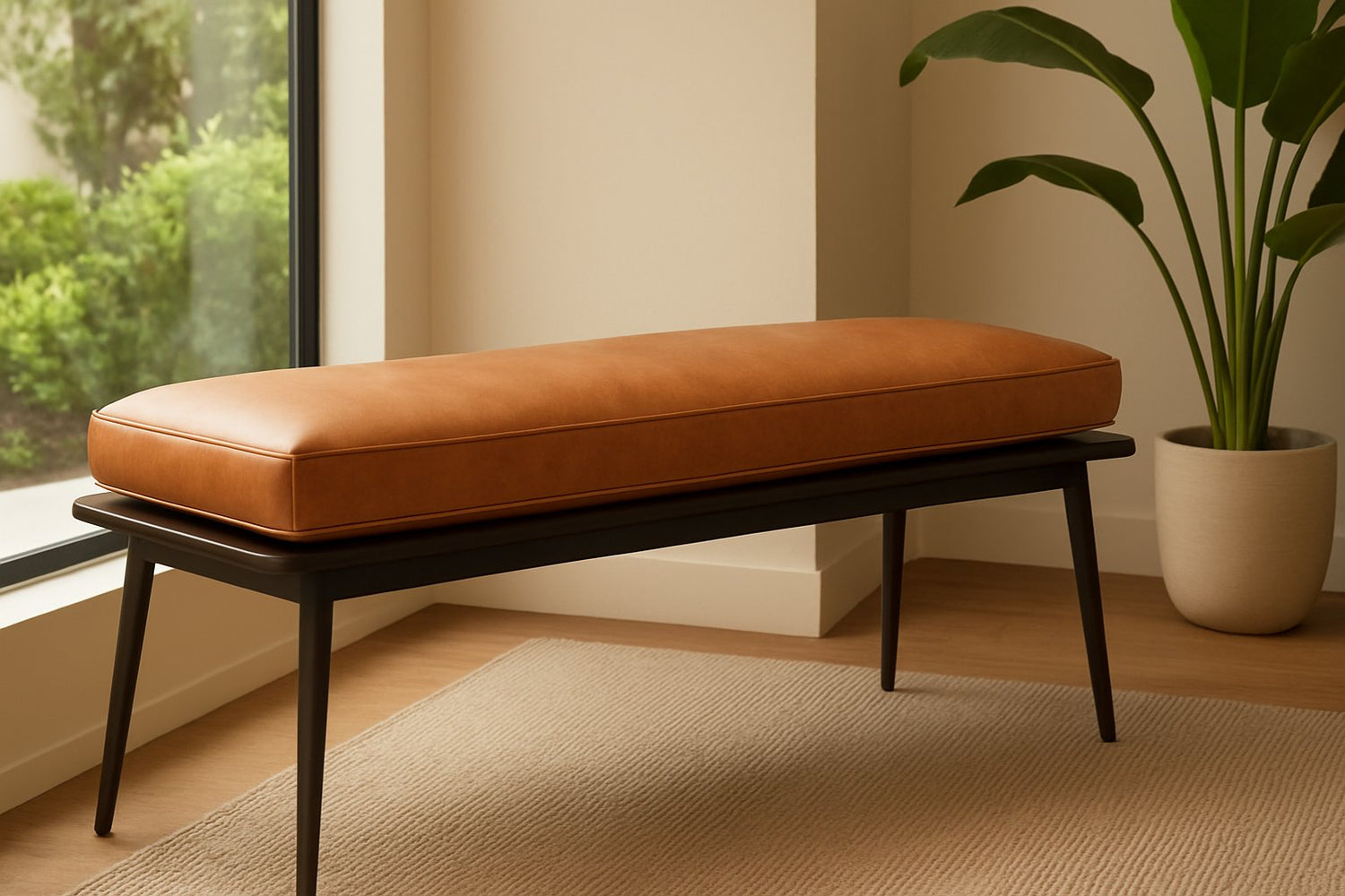 Modern bench with a handcrafted tan leather cushion in a sunlit room – premium seating pad from Hana Exports for stylish and comfortable interiors