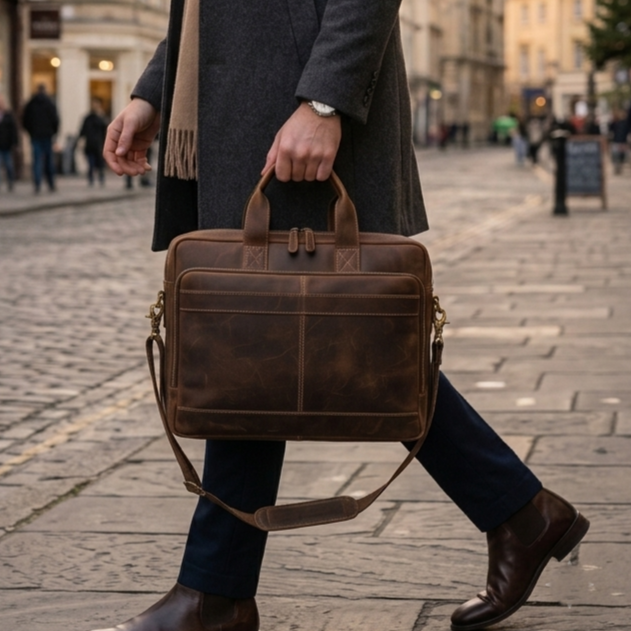 Vintage-style full-grain leather messenger bags and tote bags displayed elegantly – handcrafted and durable collection by Hana Exports