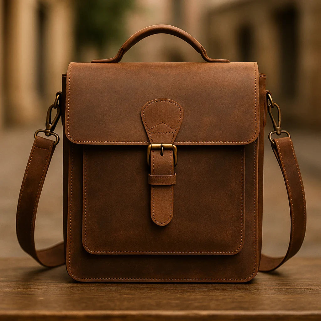 Vintage-style full-grain leather messenger bags and tote bags displayed elegantly – handcrafted and durable collection by Hana Exports