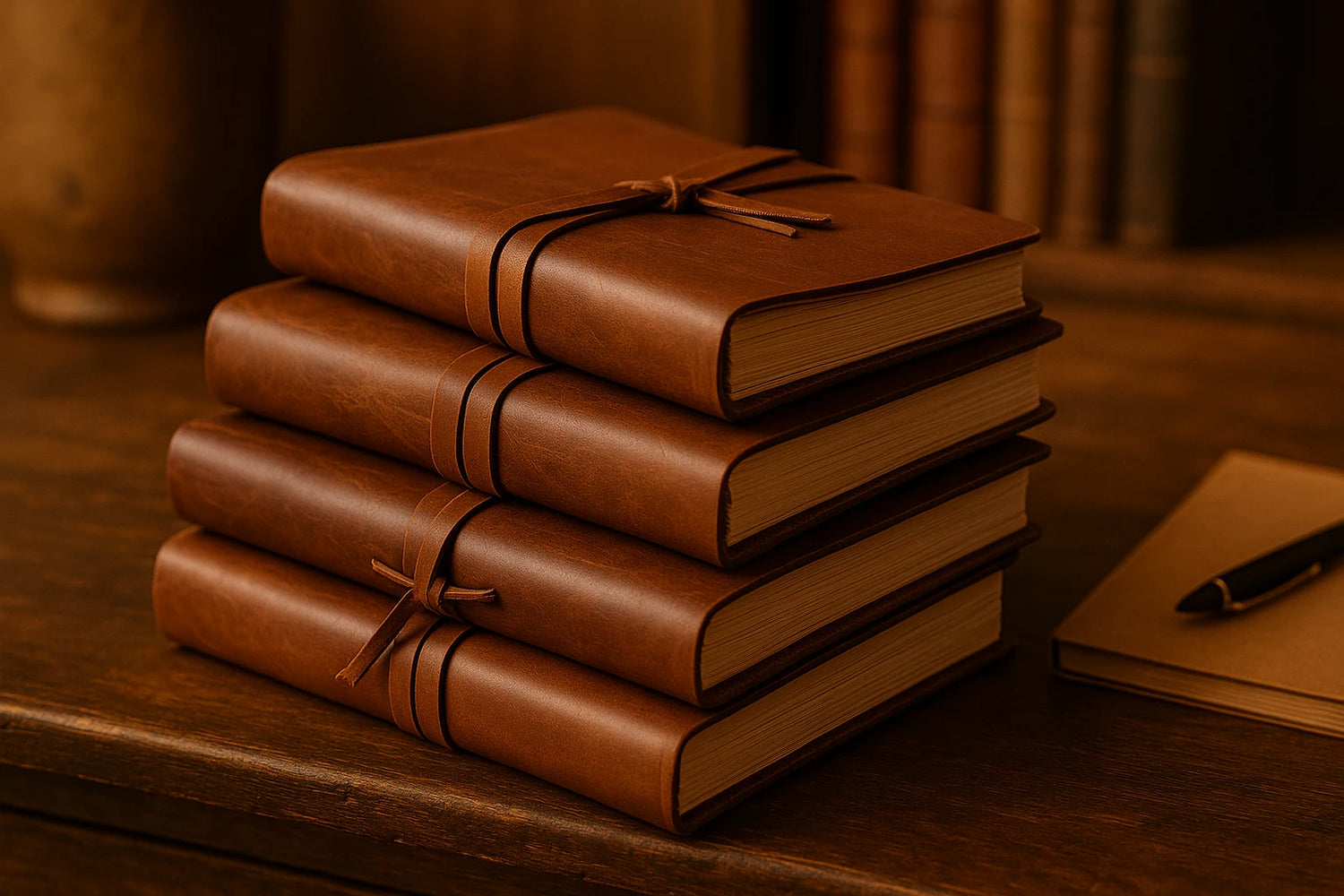 Handcrafted vintage leather journals stacked on a rustic wooden desk – premium writing notebooks by Hana Exports for gifting and personal use