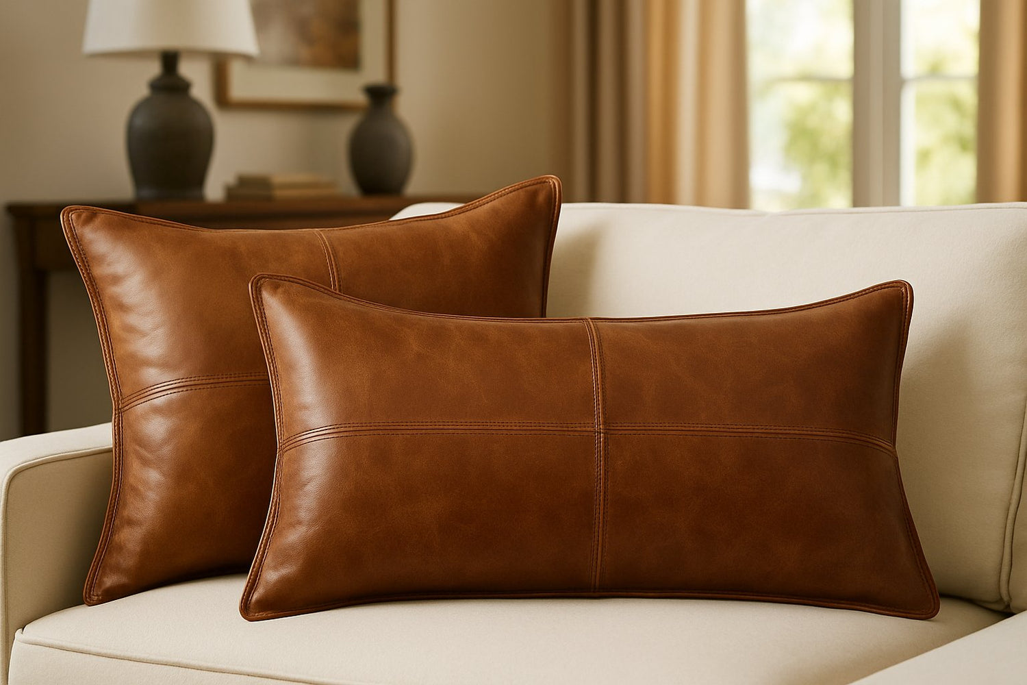 Rustic brown genuine leather pillows on a modern white sofa – handcrafted cushion covers from Hana Exports for timeless home decor