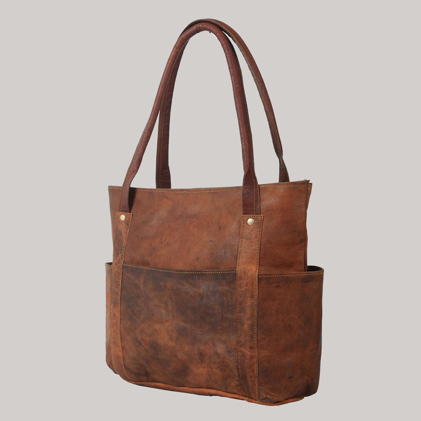 Vintage Genuine Leather Women's Tote Style Shoulder Handbag Valentine Gift Shopper Brown 16” Bag