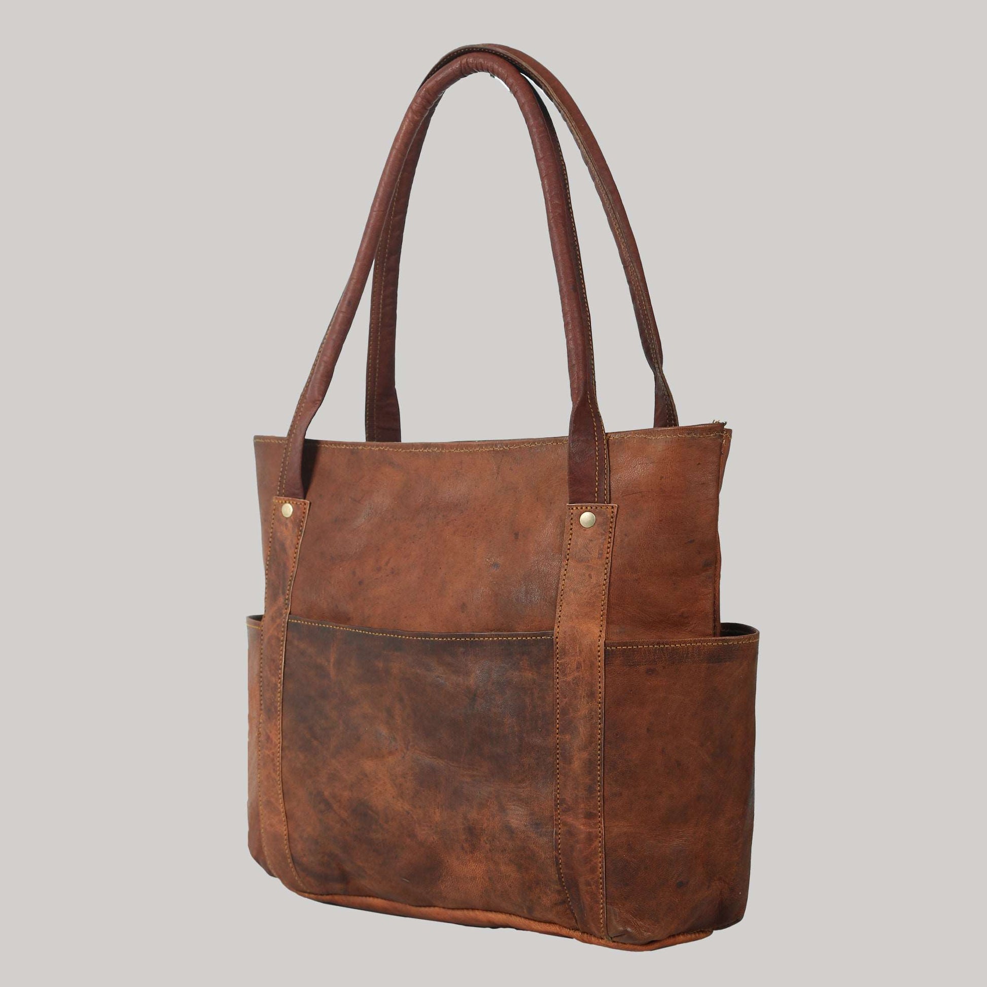Vintage Genuine Leather Women's Tote Style Shoulder Handbag Valentine Gift Shopper Brown 16” Bag