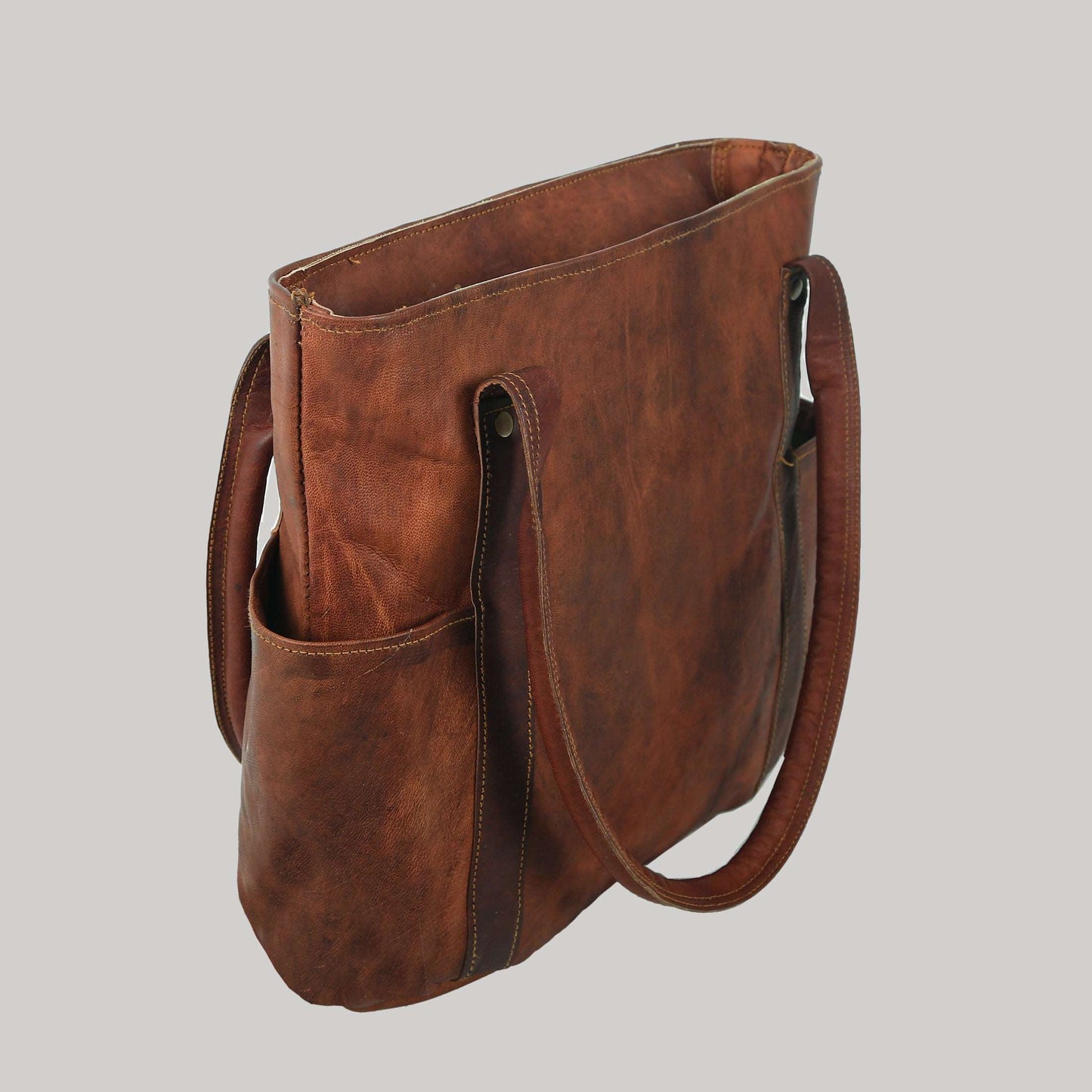 Vintage Genuine Leather Women's Tote Style Shoulder Handbag Valentine Gift Shopper Brown 16” Bag