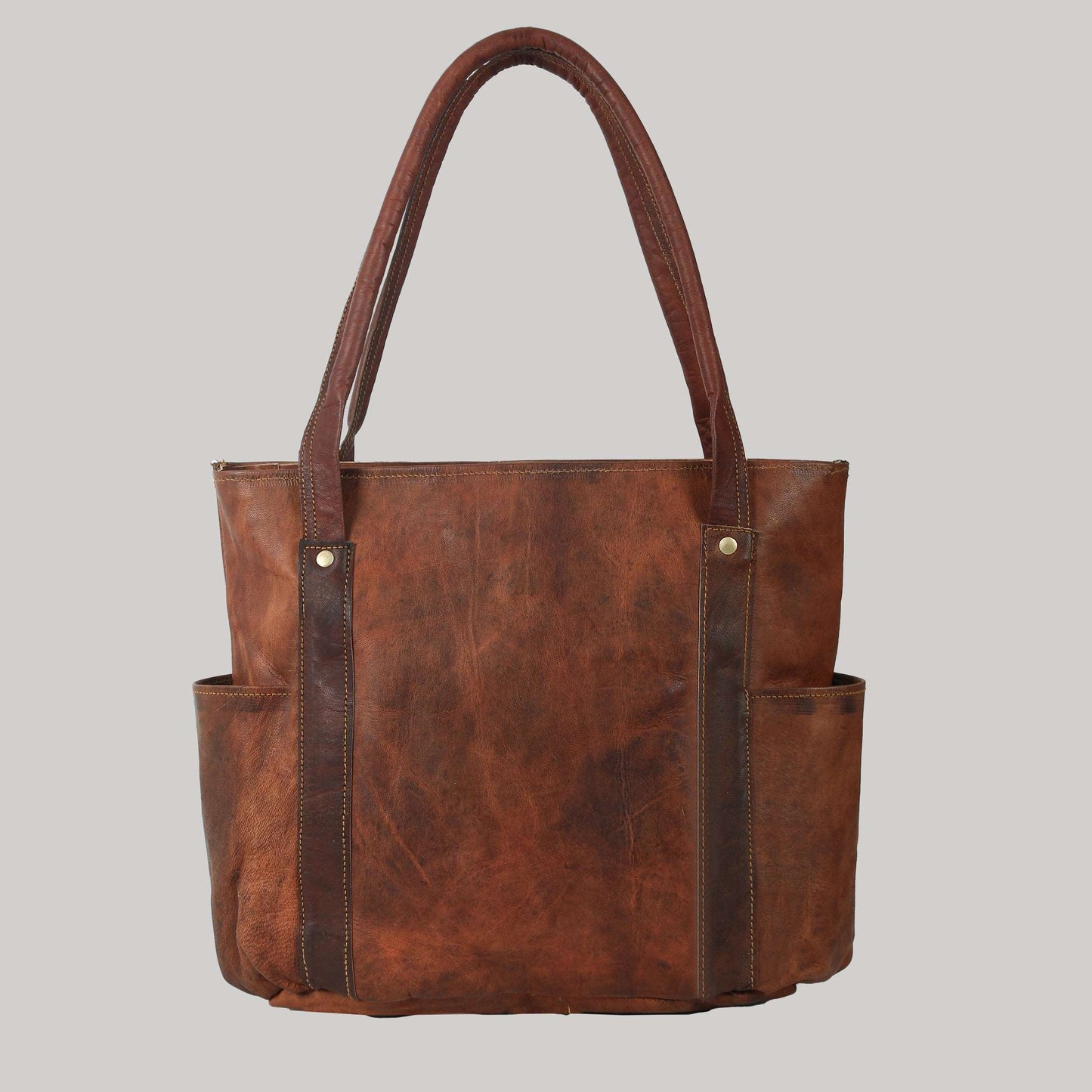 Vintage Genuine Leather Women's Tote Style Shoulder Handbag Valentine Gift Shopper Brown 16” Bag