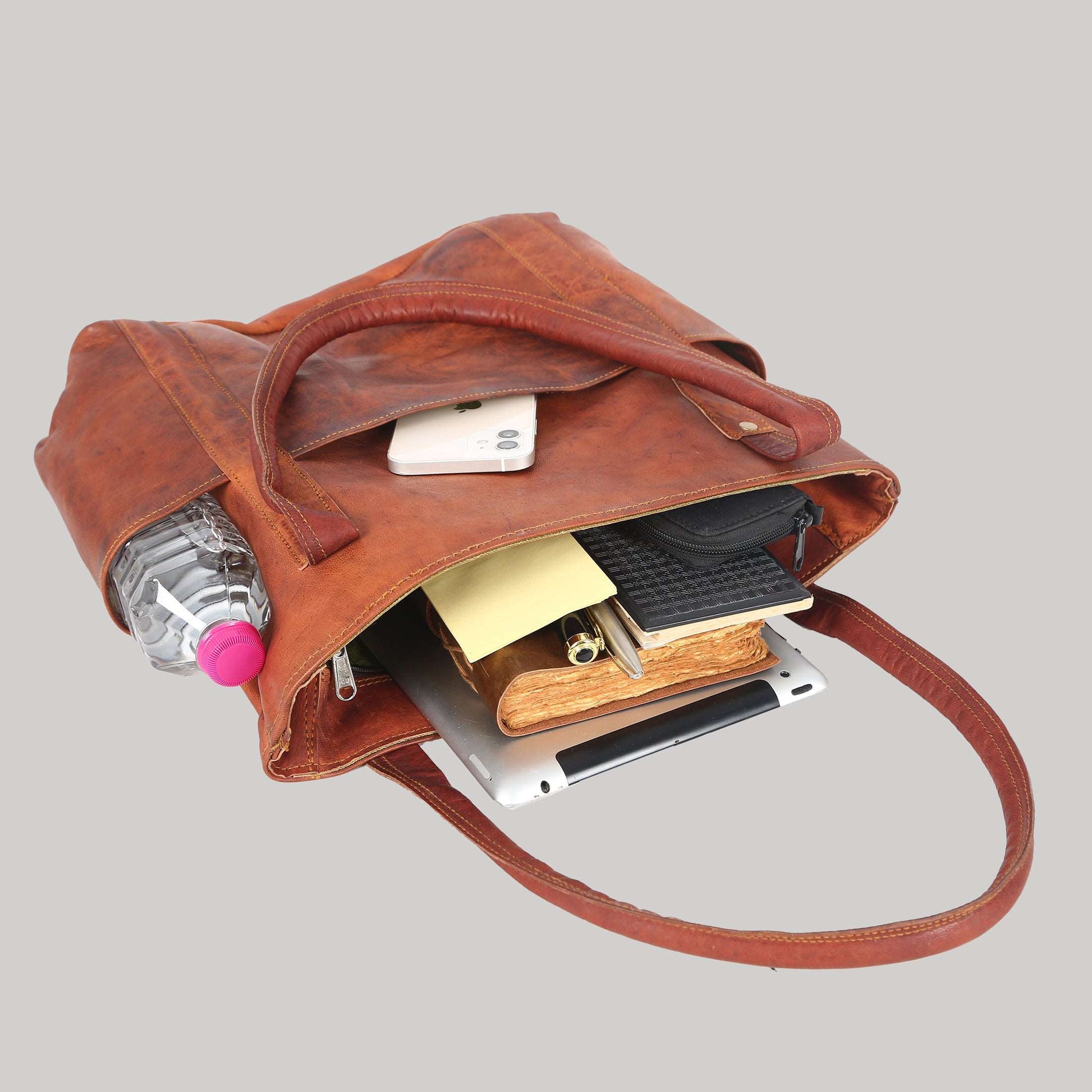 Vintage Genuine Leather Women's Tote Style Shoulder Handbag Valentine Gift Shopper Brown 16” Bag
