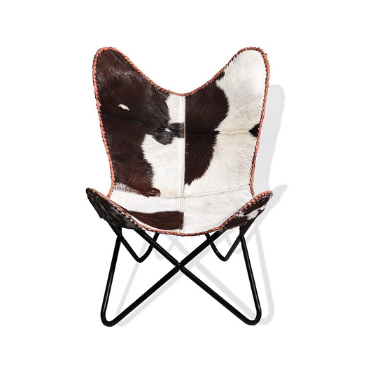 Handmade Leather Living Room Butterfly Chair | Lounge Chair | Comfortable Recliner | Hand Stitch for Relaxing with Powder Coated Folding Iron Frame | Vintage Arm Chair Home Décor (Brown & White) - Hana Exports