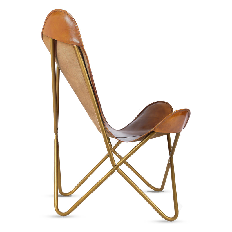 Leather Living Room Chairs- Brown Leather Butterfly Chair-Handmade with Powder Coated Iron Frame - Hana Exports