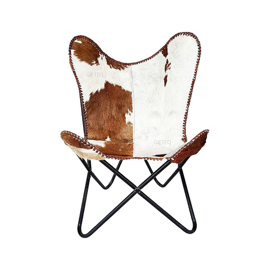 Handmade Leather Living Room Butterfly Chair Tan Side Hand Stitch Leather Butterfly Chair for Relaxing with Powder Coated Folding Iron Frame Vintage Arm Chair Home Décor (Hairon White & Brown) - Hana Exports