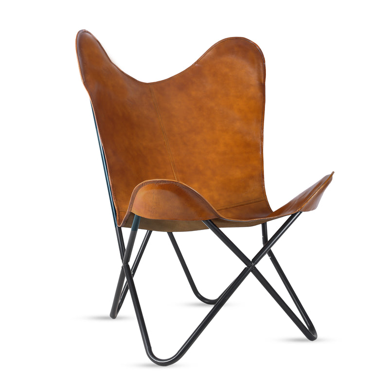 Handmade Leather Living Room Chairs-Butterfly Chair Tan Leather Butterfly Chair-Handmade with Powder Coated Folding Iron Frame - Hana Exports