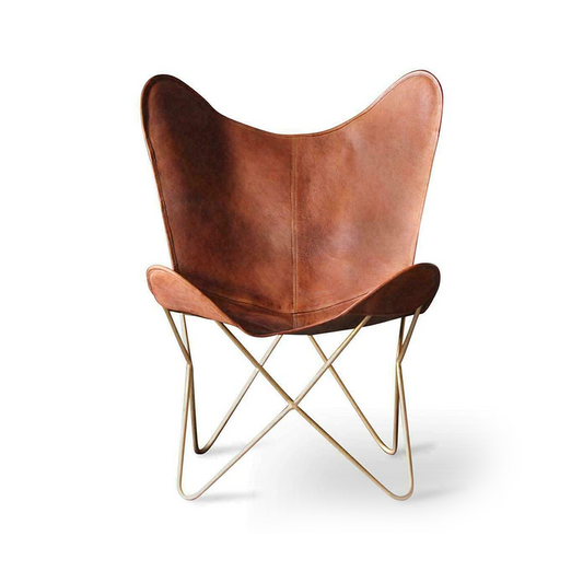 Leather Living Room Chairs-Butterfly Chair Brown Leather Butterfly Chair-Handmade with Powder Coated Folding Iron Frame (Cover with Folding Frame) (Golden Frame) - Hana Exports