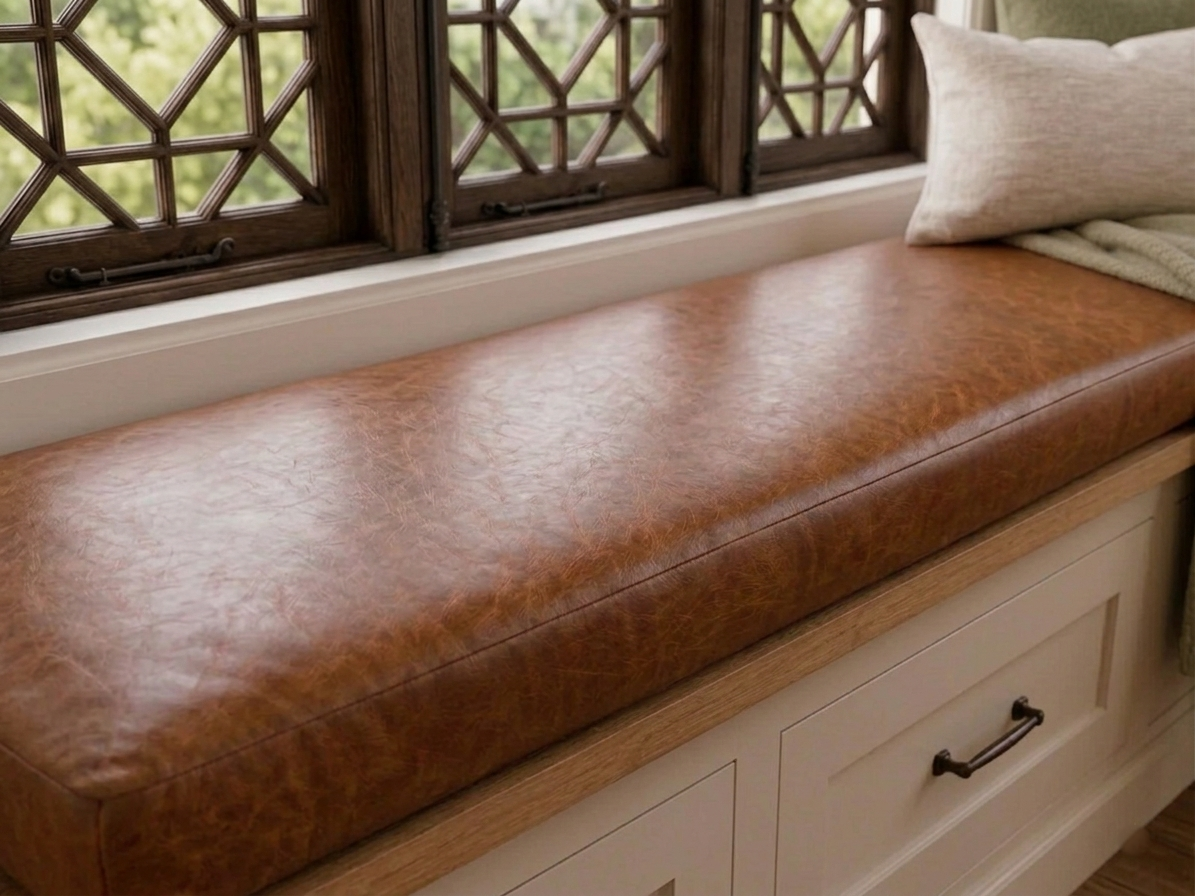 A brown leather window seat cushion installed on a wooden storage bench with cream drawers, positioned beneath a dark wood lattice window.