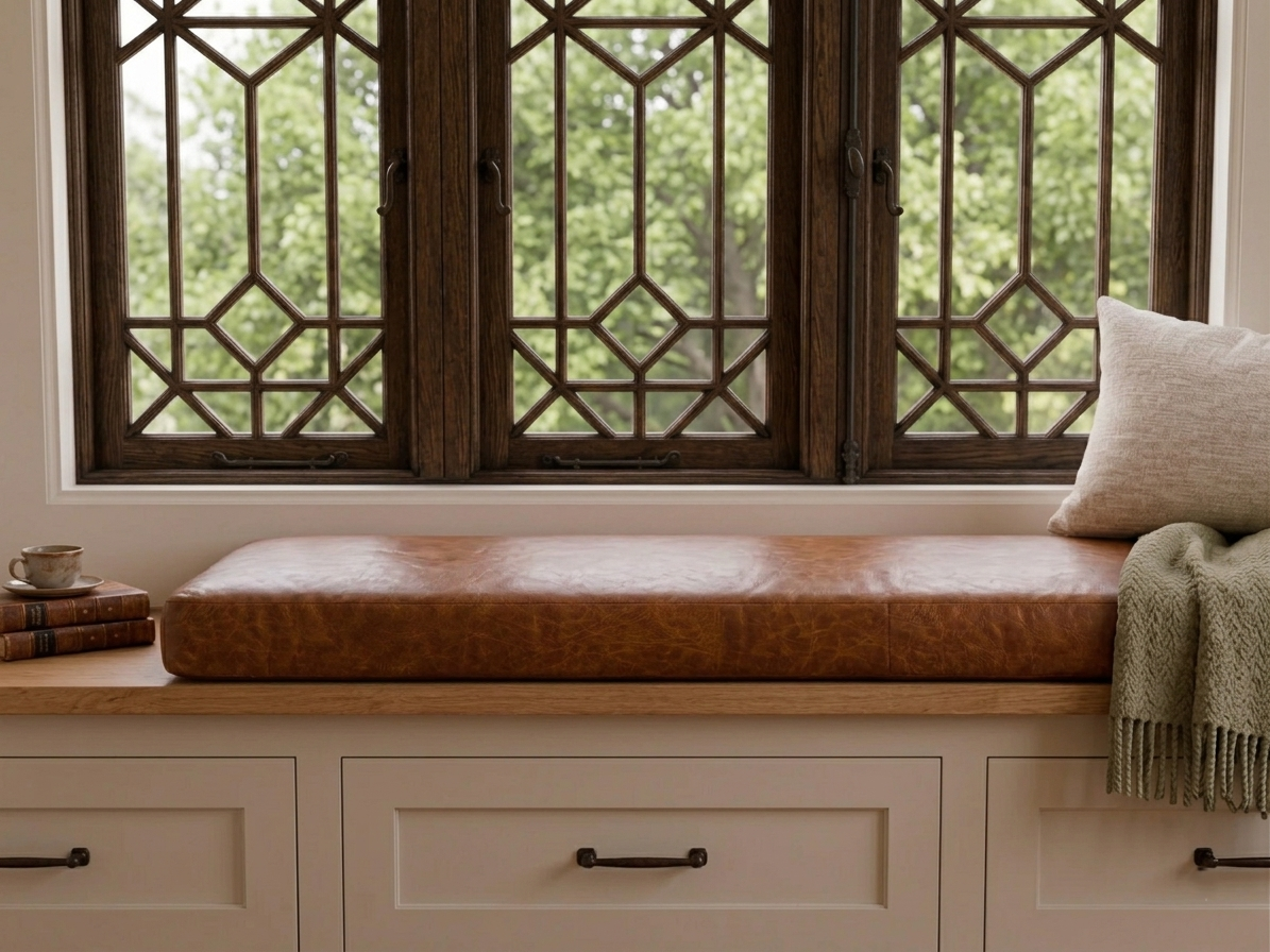 A brown leather window seat cushion resting on a wooden window seat with cream-colored storage drawers below, styled with a beige pillow and a green throw blanket in front of a decorative dark wood lattice window.