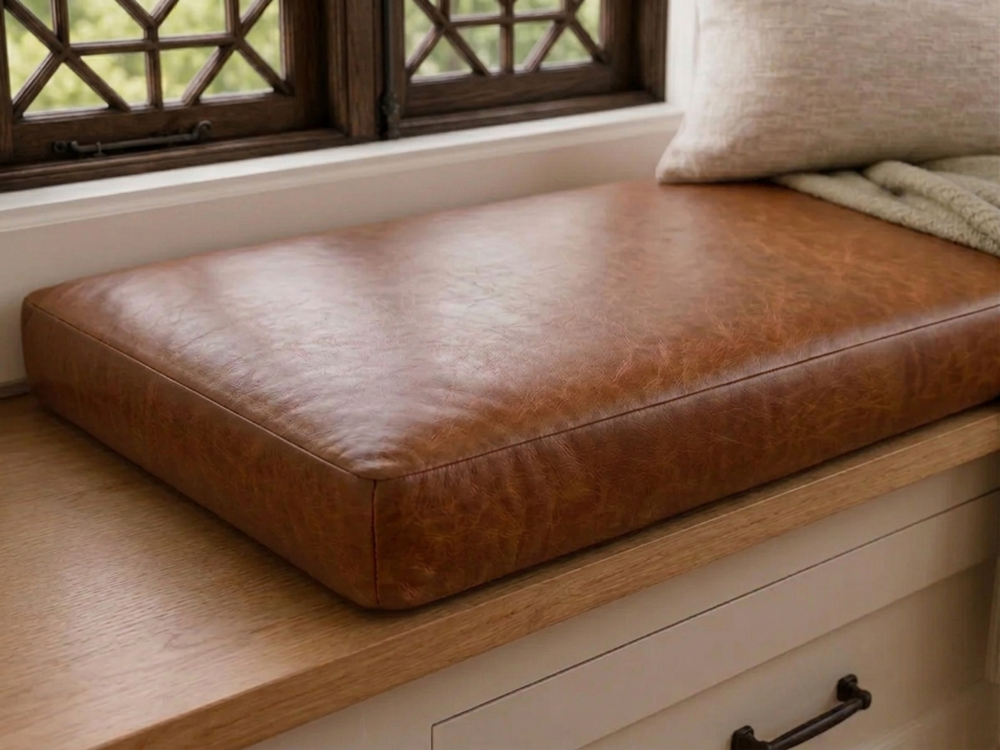 A rectangular brown faux-leather cushion resting on a wooden window seat, with a neutral throw pillow and blanket partially visible in a home interior setting.