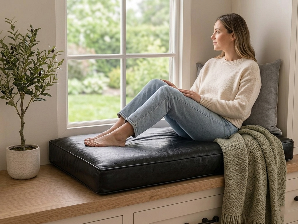 Black Leather Bench Cushion – Handmade Custom Size