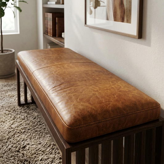 A rectangular brown leather bench cushion on a dark wooden slatted bench, placed in a cozy room setting with a shag rug, bookshelves, and a framed picture on the wall.