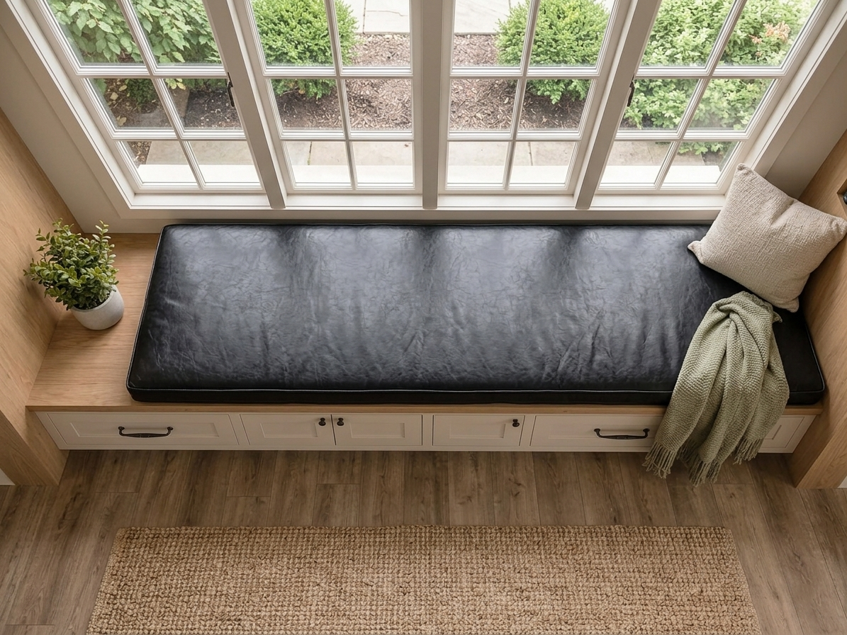 Black Leather Bench Cushion – Handmade Custom Size