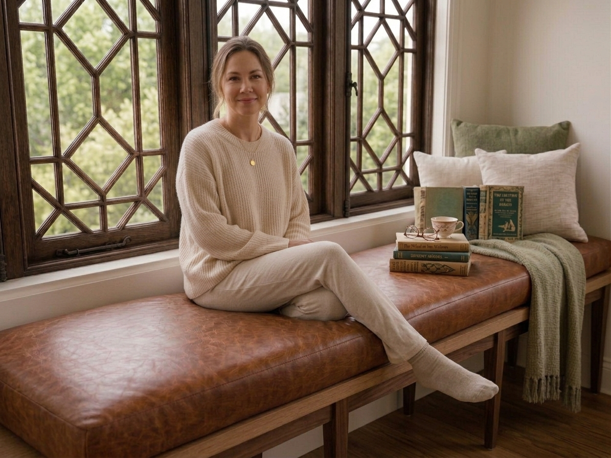 A woman sits on a brown leather cushioned bench in a sunlit room, wearing a cream ribbed sweater and matching pants. The bench is set against large dark wood geometric windows, with books, pillows, and a throw blanket nearby.