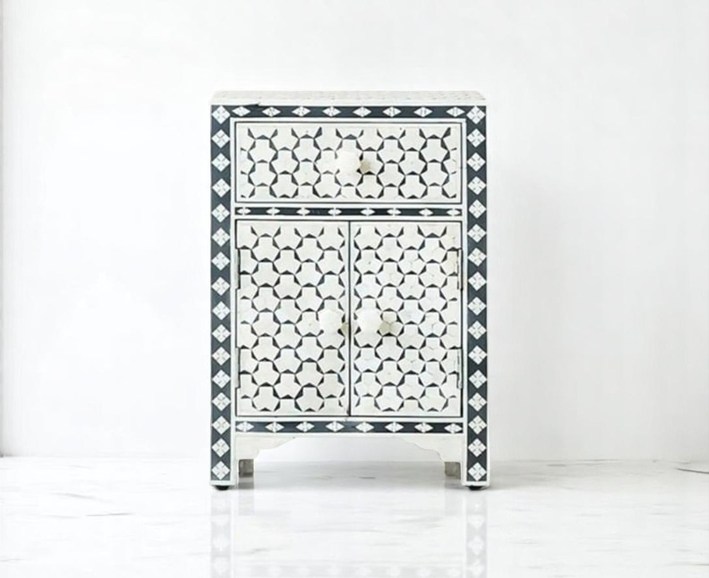 Handmade Bone Inlay Bedside Table, Nightstand, Side Table – Unique Bone Inlay Furniture