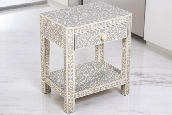 Bone Inlay End Table – Side Table, Bedside Table, Handcrafted Bone Inlay Furniture