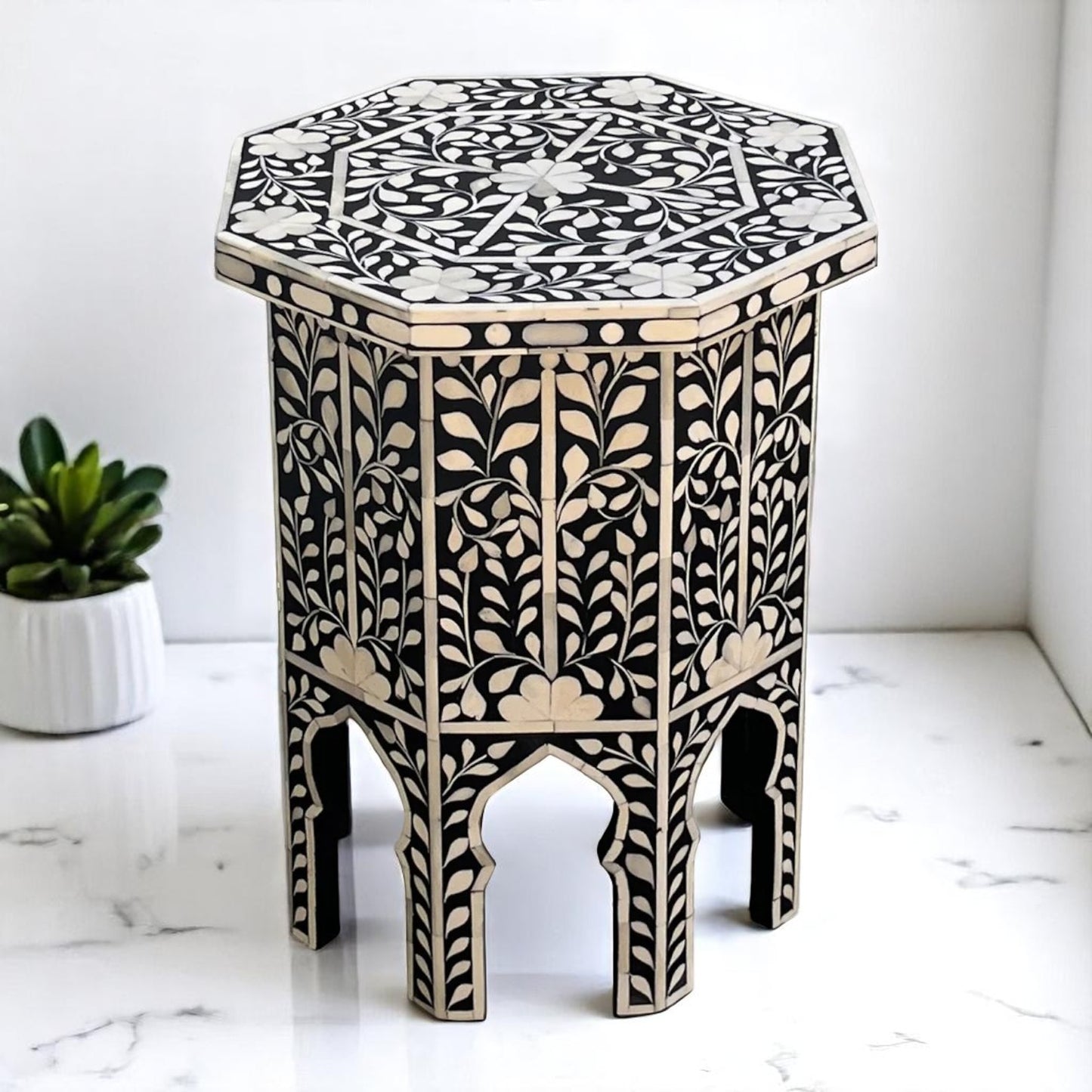 Handmade Wooden Bone Inlay Floral Pattern Bedside Table, Side Table, End Table