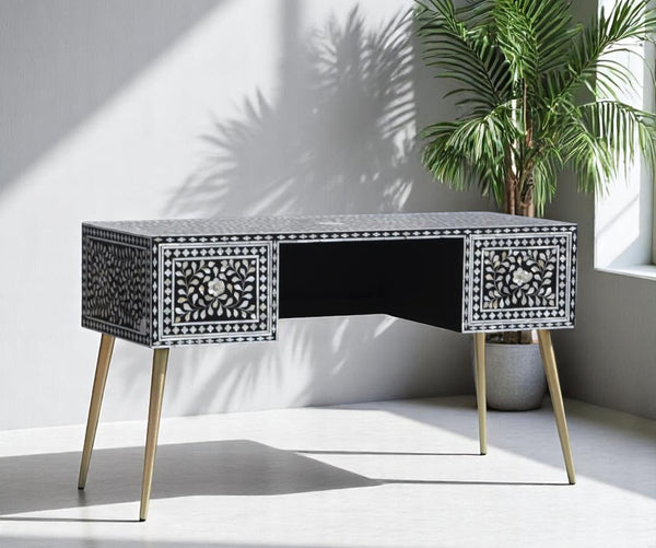Black Mother of Pearl Inlay Desk – Handmade MOP Work Desk, Inlay Furniture from United States