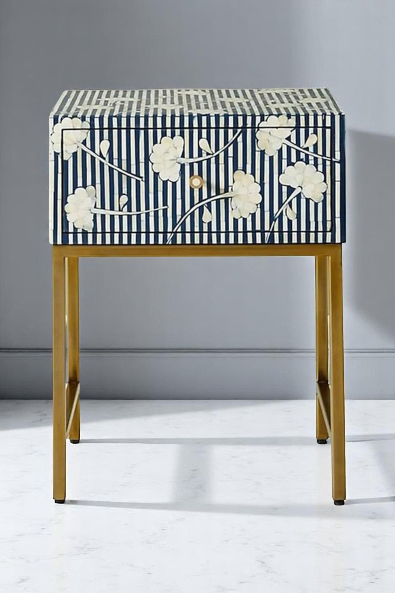 Handmade Bone Inlay Nightstand Side Table – Elegant Accent Furniture for Bedroom or Living Room