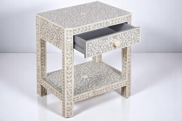Bone Inlay End Table – Side Table, Bedside Table, Handcrafted Bone Inlay Furniture