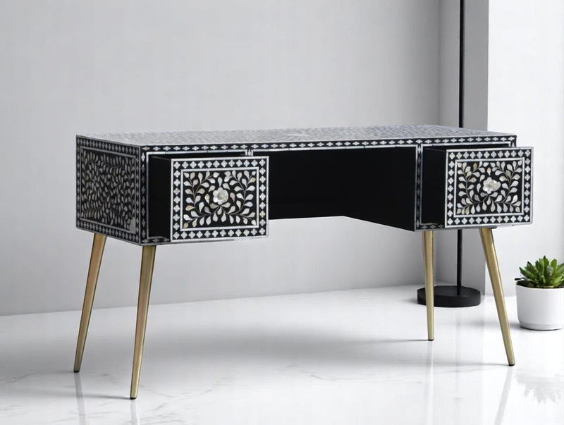 Black Mother of Pearl Inlay Desk – Handmade MOP Work Desk, Inlay Furniture from United States