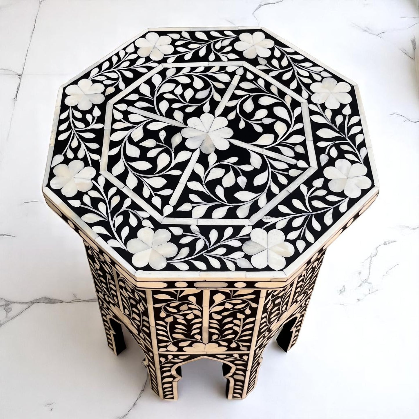 Handmade Wooden Bone Inlay Floral Pattern Bedside Table, Side Table, End Table