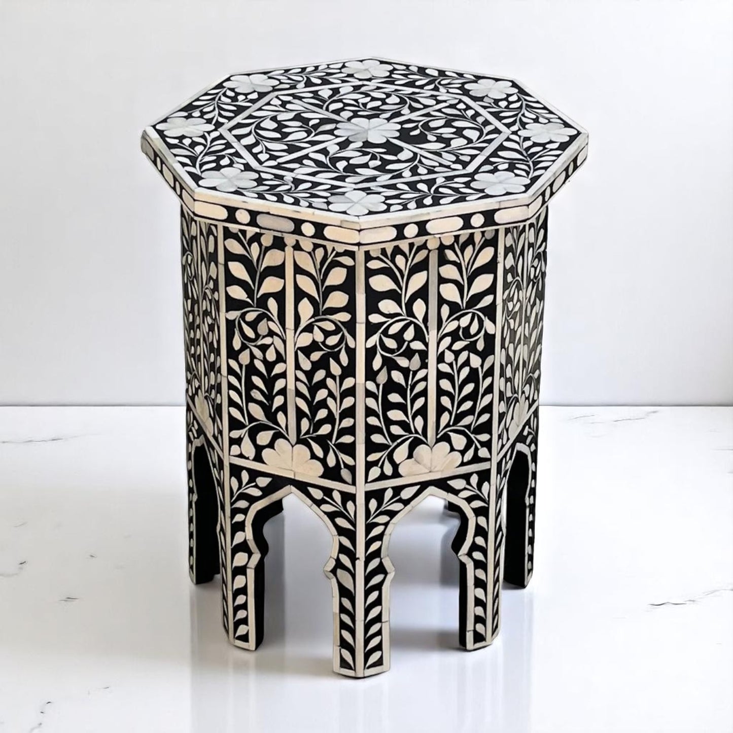 Handmade Wooden Bone Inlay Floral Pattern Bedside Table, Side Table, End Table