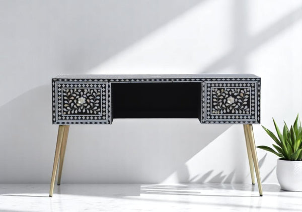 Black Mother of Pearl Inlay Desk – Handmade MOP Work Desk, Inlay Furniture from United States