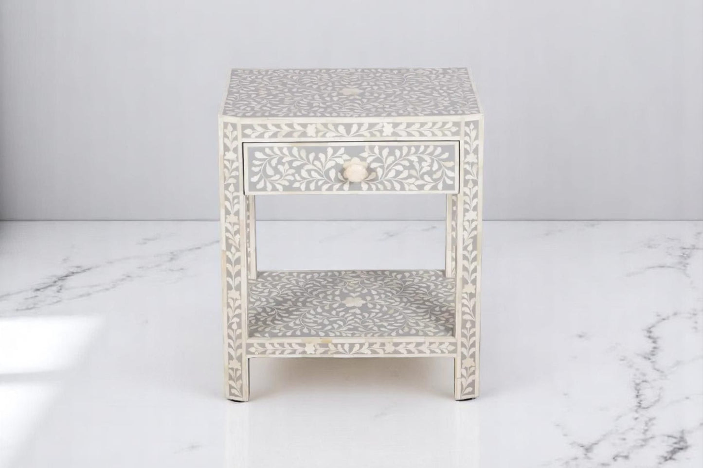 Bone Inlay End Table – Side Table, Bedside Table, Handcrafted Bone Inlay Furniture