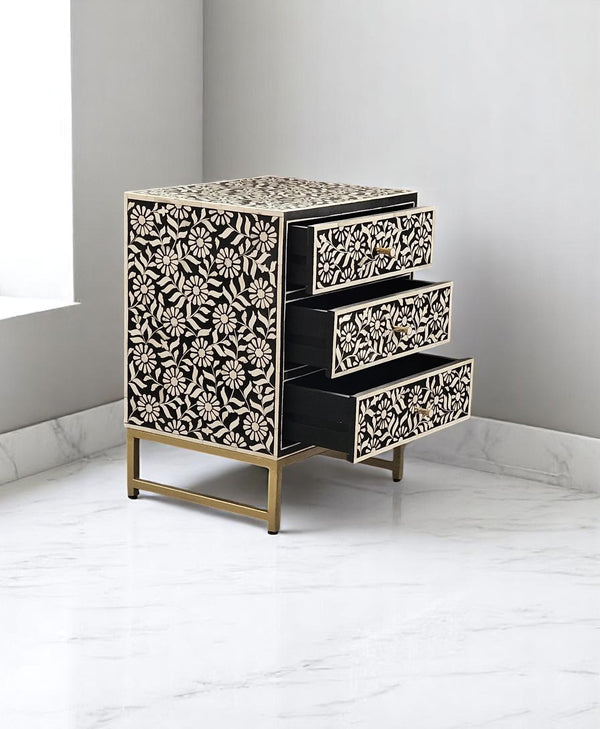 Bone Inlay Floral Bedside Table – 3 Drawer Handmade Nightstand Chest for Bedroom Décor