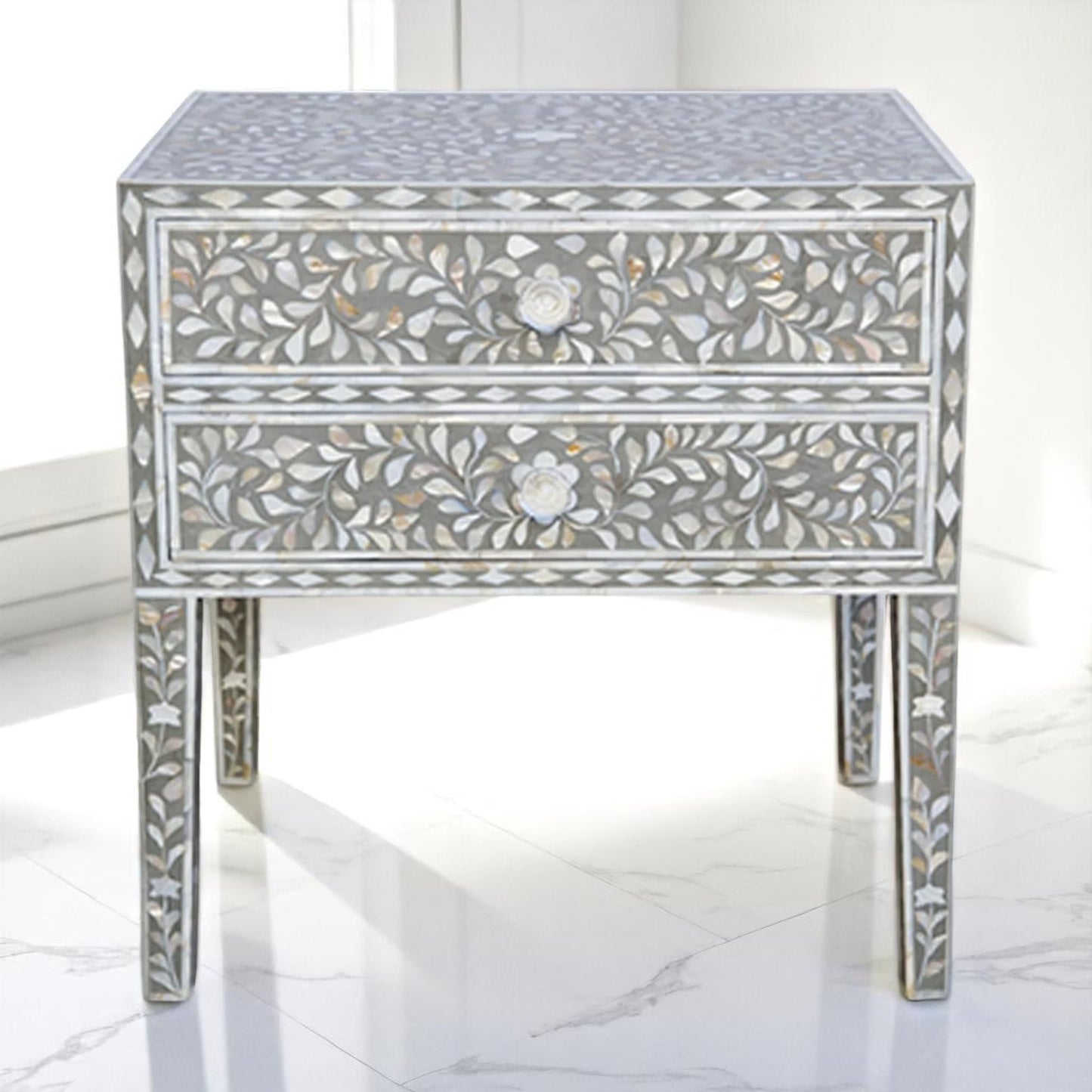 Handmade MOP Inlay Bedside Table – Mother of Pearl Nightstand by HANA EXPORTS