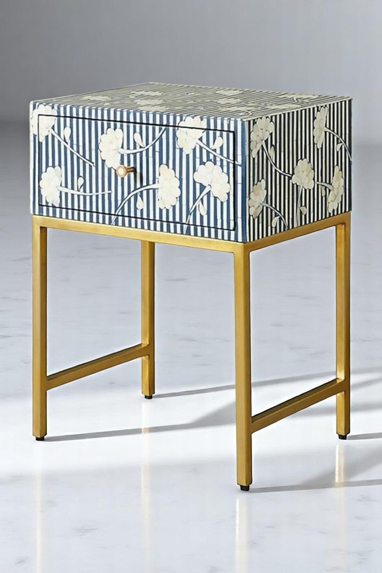 Handmade Bone Inlay Nightstand Side Table – Elegant Accent Furniture for Bedroom or Living Room