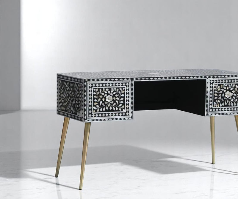 Black Mother of Pearl Inlay Desk – Handmade MOP Work Desk, Inlay Furniture from United States